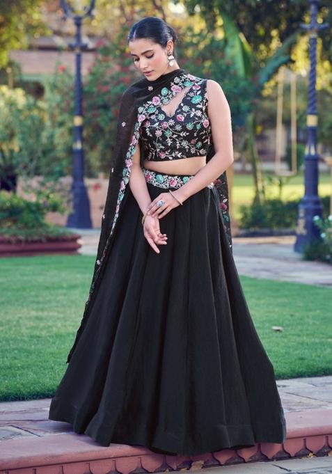 Black Sequin Work Silk Blend Lehenga Set