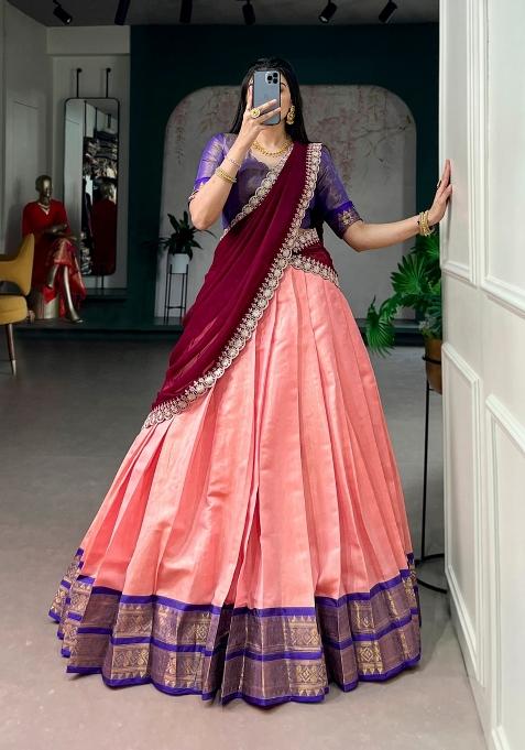 Maroon Zari Work Silk Blend Lehenga Set