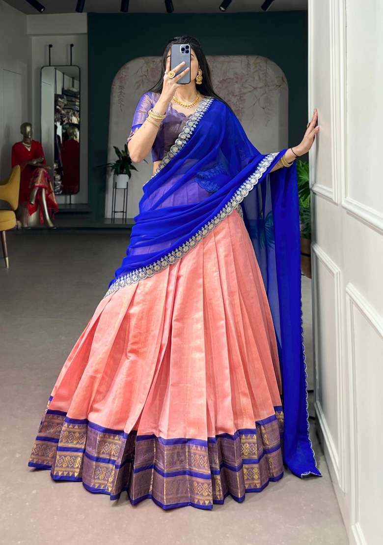 Royal Blue Zari Work Silk Blend Lehenga Set for Diwali and Festive Wear - Indya