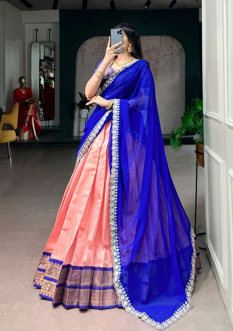 Royal Blue Zari Work Silk Blend Lehenga Set for Diwali and Festive Wear - Indya