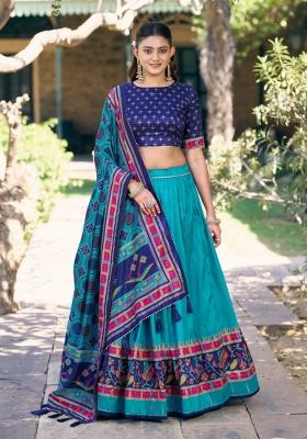 Blue Printed Silk Blend Lehenga Set