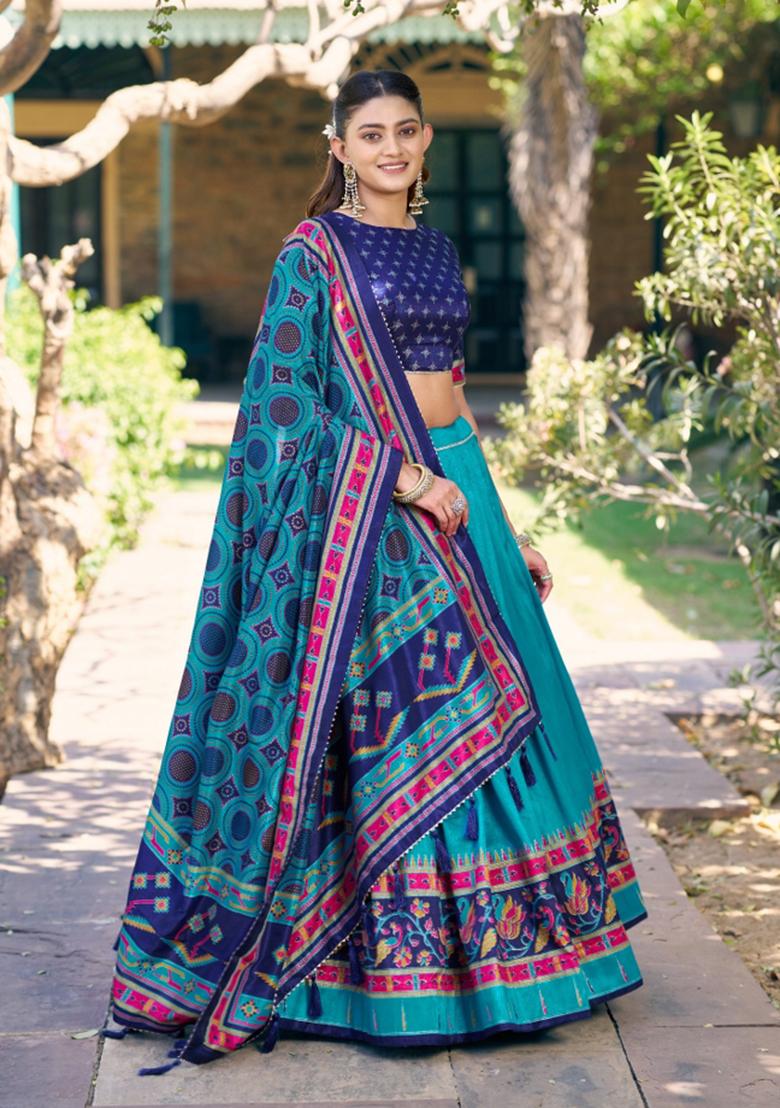 Blue Printed Silk Blend Lehenga Set - Indya