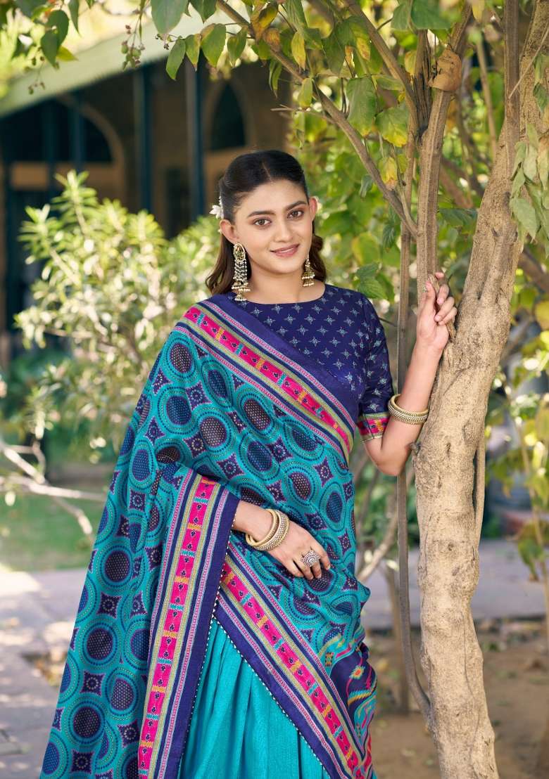 Blue Silk Blend Lehenga Set with Printed for Diwali | Wedding & Festive Wear - Indya