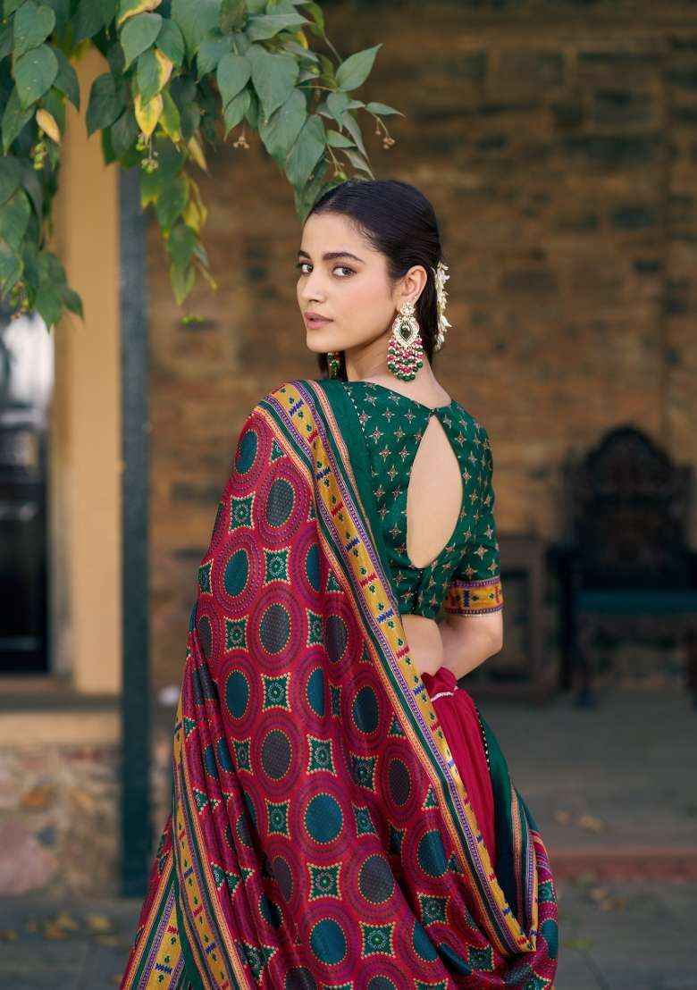 Red Printed Silk Blend Lehenga Set for Diwali and Festive Wear - Indya