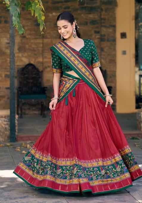 Red Printed Silk Blend Lehenga Set