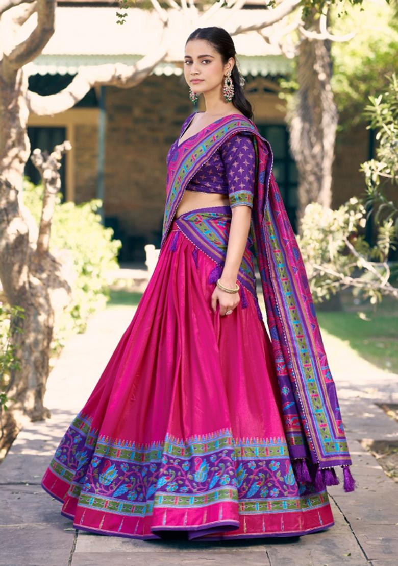 Pink Printed Silk Blend Lehenga Set - Indya