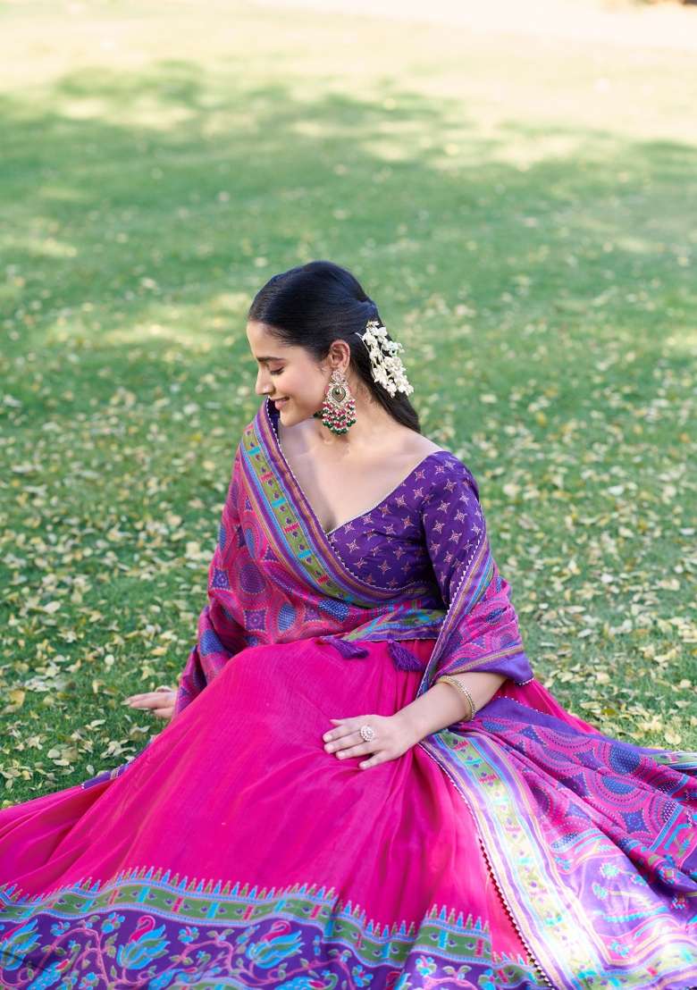 Pink Silk Blend Lehenga Set with Printed for Diwali | Wedding & Festive Wear - Indya