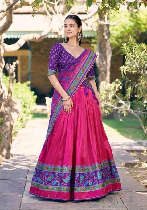 Pink Printed Silk Blend Lehenga Set