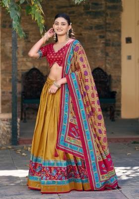 Mustard Printed Silk Blend Lehenga Set