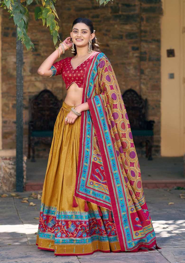 Mustard Printed Silk Blend Lehenga Set for Diwali and Festive Wear - Indya