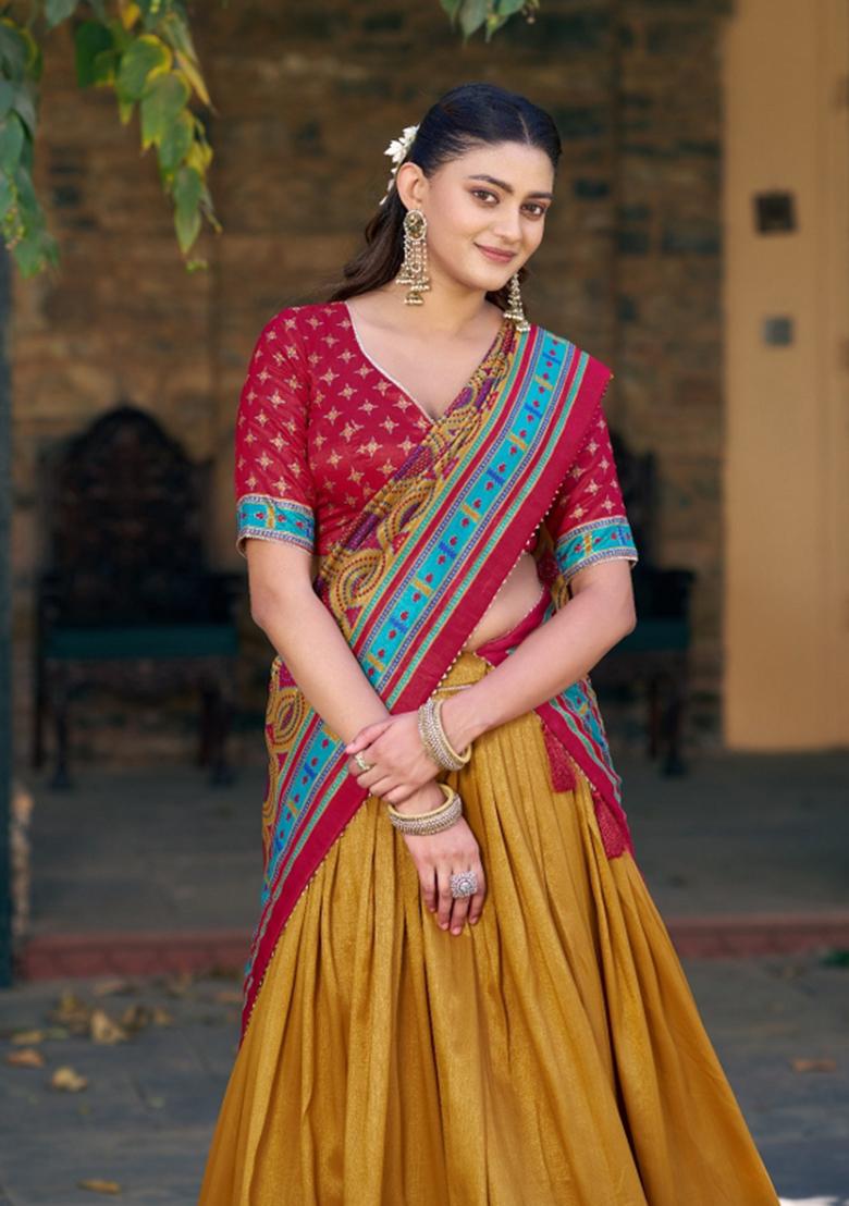 Mustard Printed Silk Blend Lehenga Set - Indya