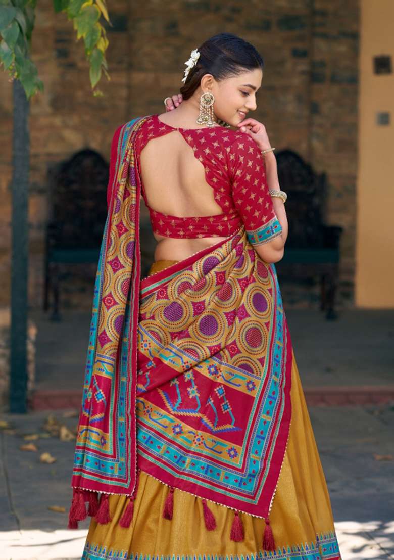 Mustard Printed Silk Blend Lehenga Set for Diwali and Festive Wear - Indya