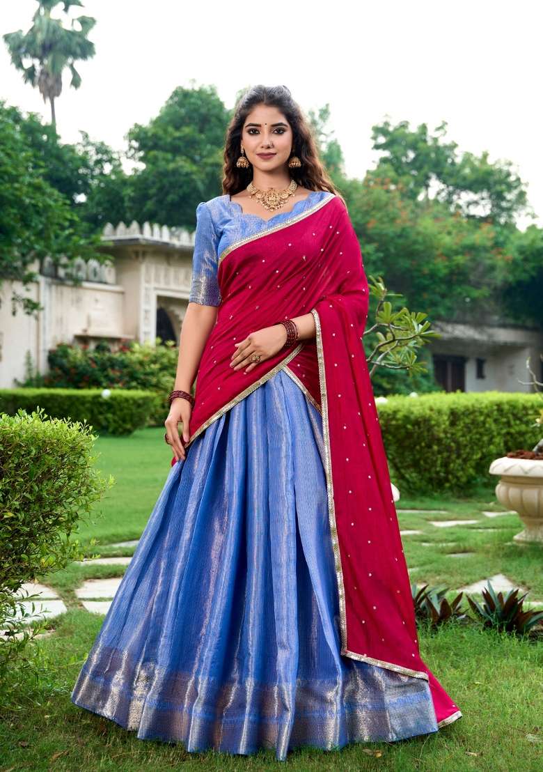 Royal Blue Zari Work Kanchipuram Lehenga Set for Diwali and Festive Wear - Indya
