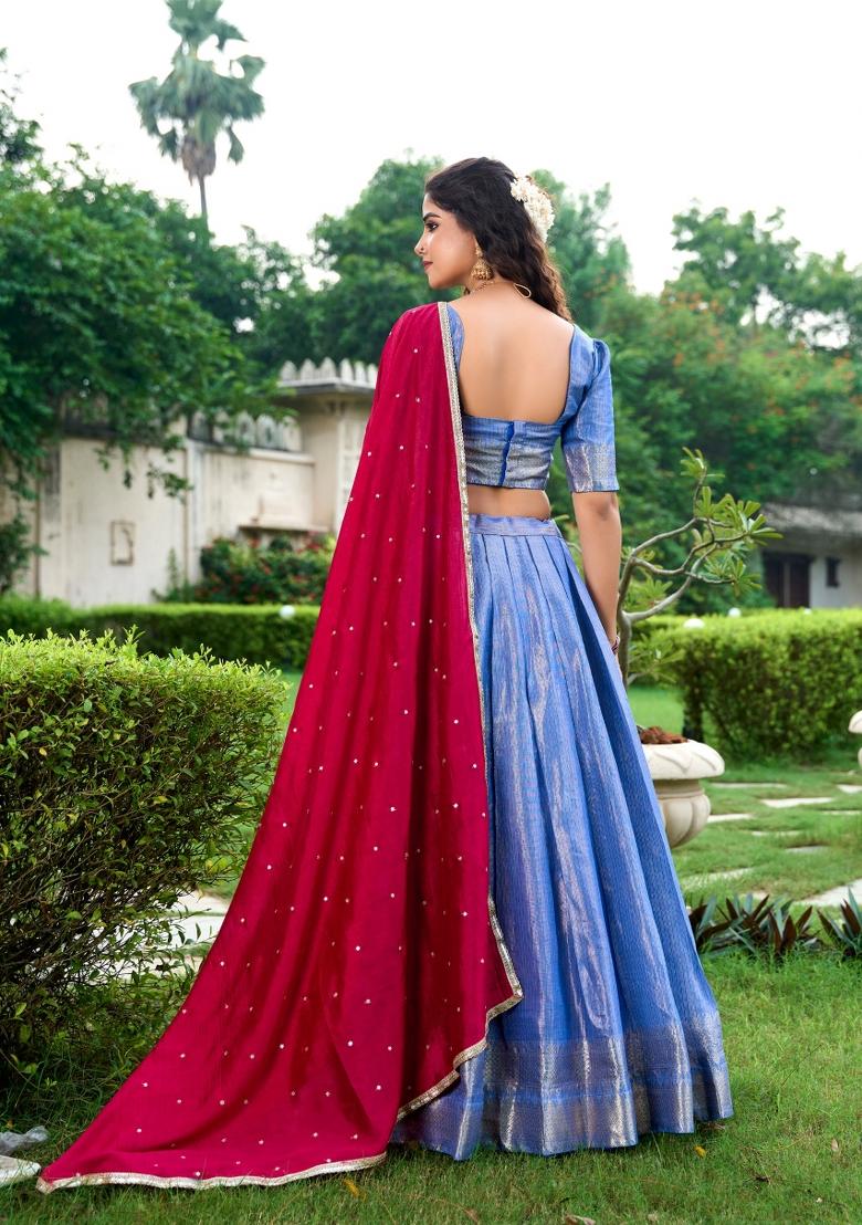 Royal Blue Zari Work Kanchipuram Lehenga Set - Indya