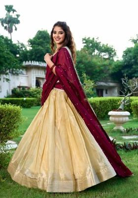 Cream Zari Work Kanchipuram Lehenga Set