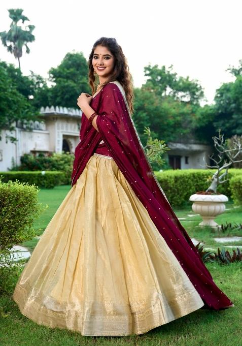 Cream Zari Work Kanchipuram Lehenga Set