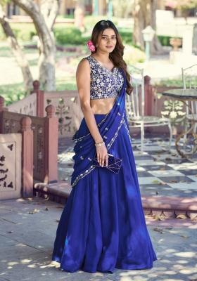 Royal Blue Plain Kashmiri Lehenga Set