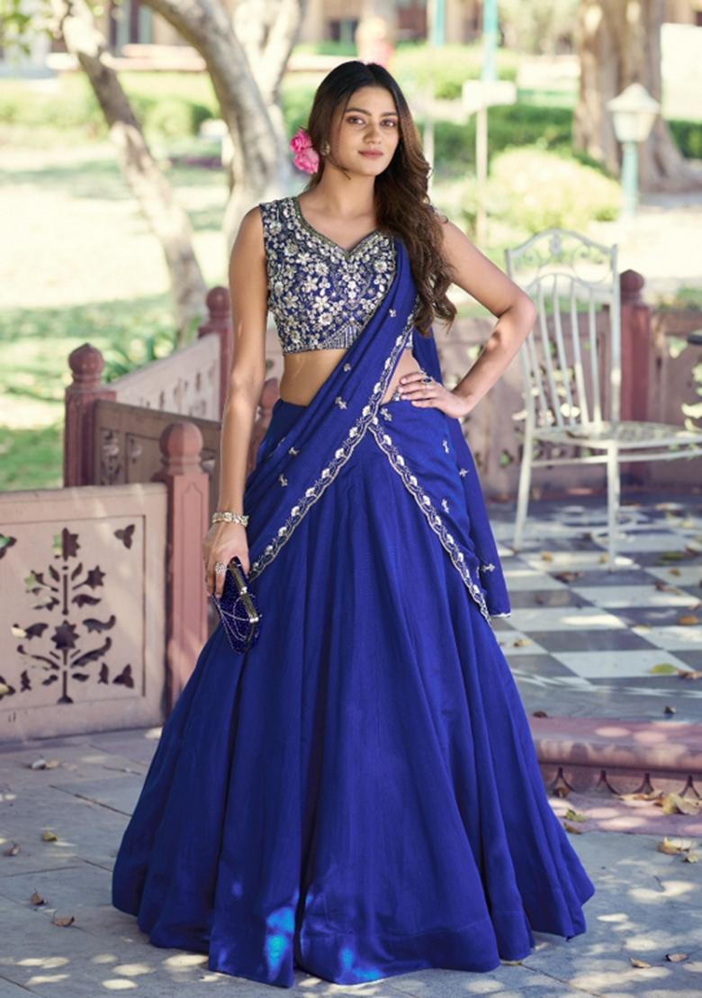 Royal Blue Plain Kashmiri Lehenga Set - Indya