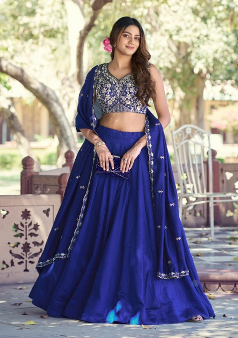 Royal Blue Plain Kashmiri Lehenga Set - Indya