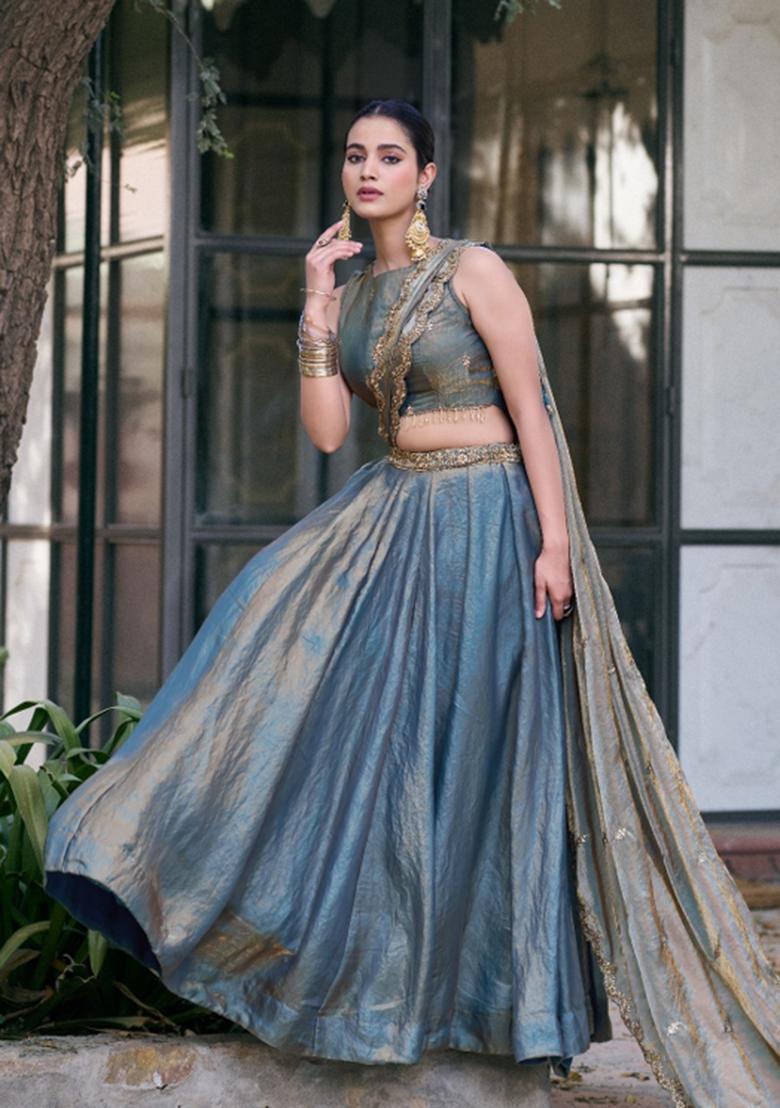 Blue Sequin Work Fendi Lehenga Set - Indya