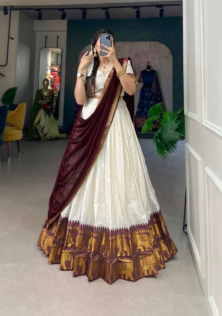 Maroon Zari Work Marble Lehenga Set for Diwali and Festive Wear - Indya