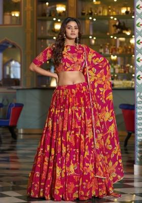 Pink Floral Print Marble Lehenga Set