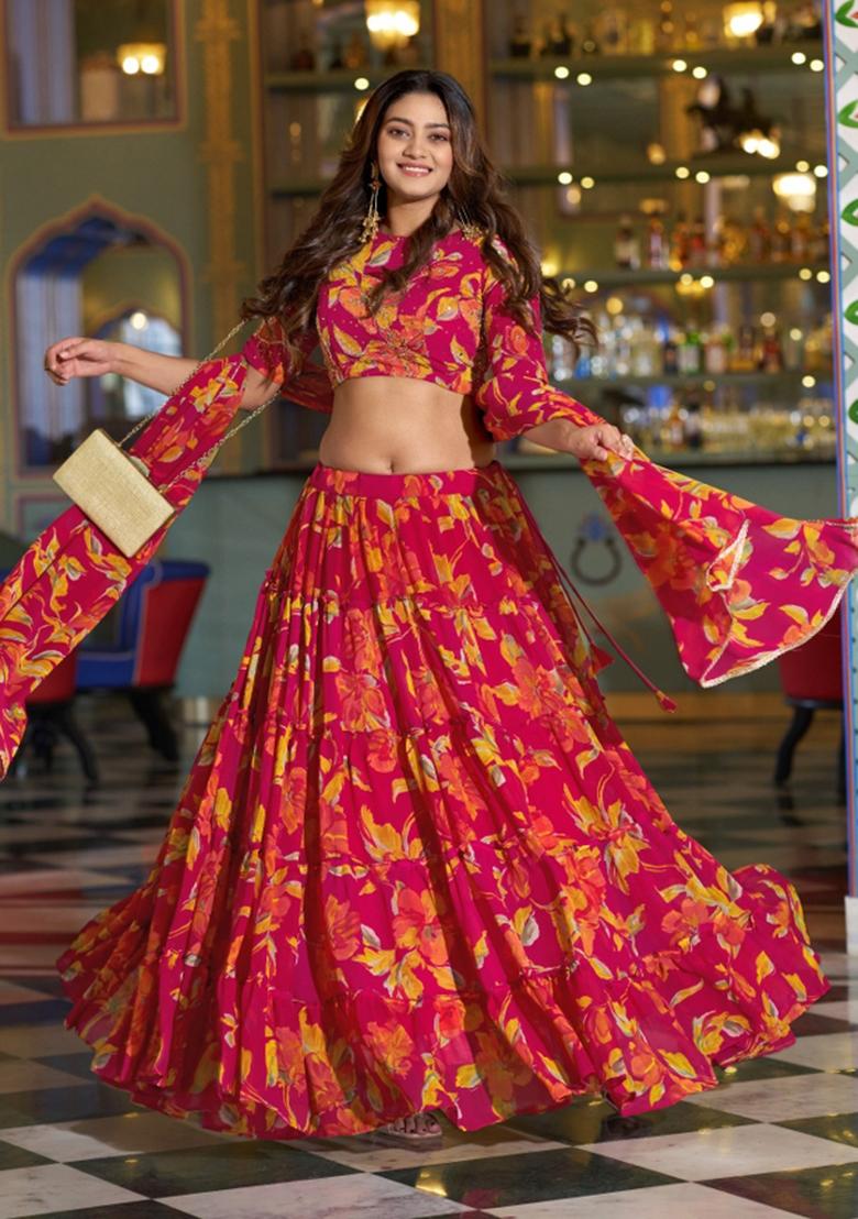 Pink Floral Print Marble Lehenga Set - Indya