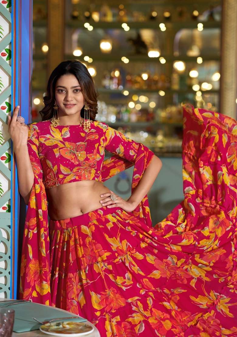 Pink Floral Print Marble Lehenga Set for Diwali and Festive Wear - Indya