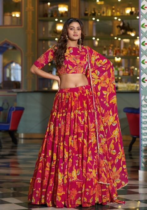 Pink Floral Print Marble Lehenga Set