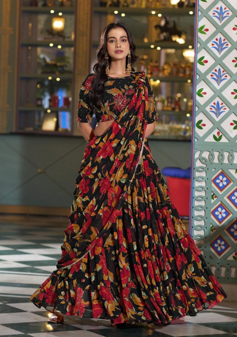 Black Floral Print Marble Lehenga Set - Indya