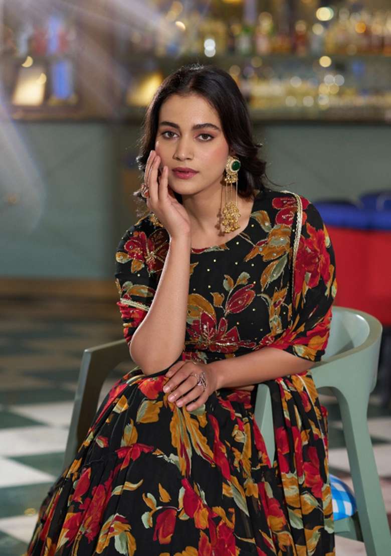 Black Marble Lehenga Set with Floral Print for Diwali | Wedding & Festive Wear - Indya