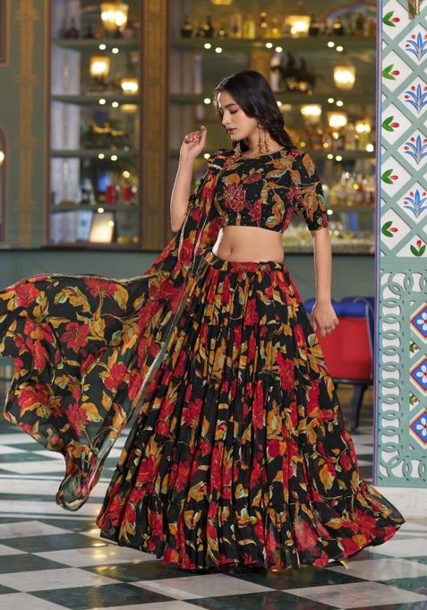 Black Floral Print Marble Lehenga Set