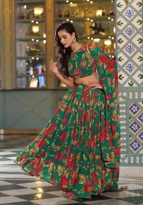Green Floral Print Marble Lehenga Set