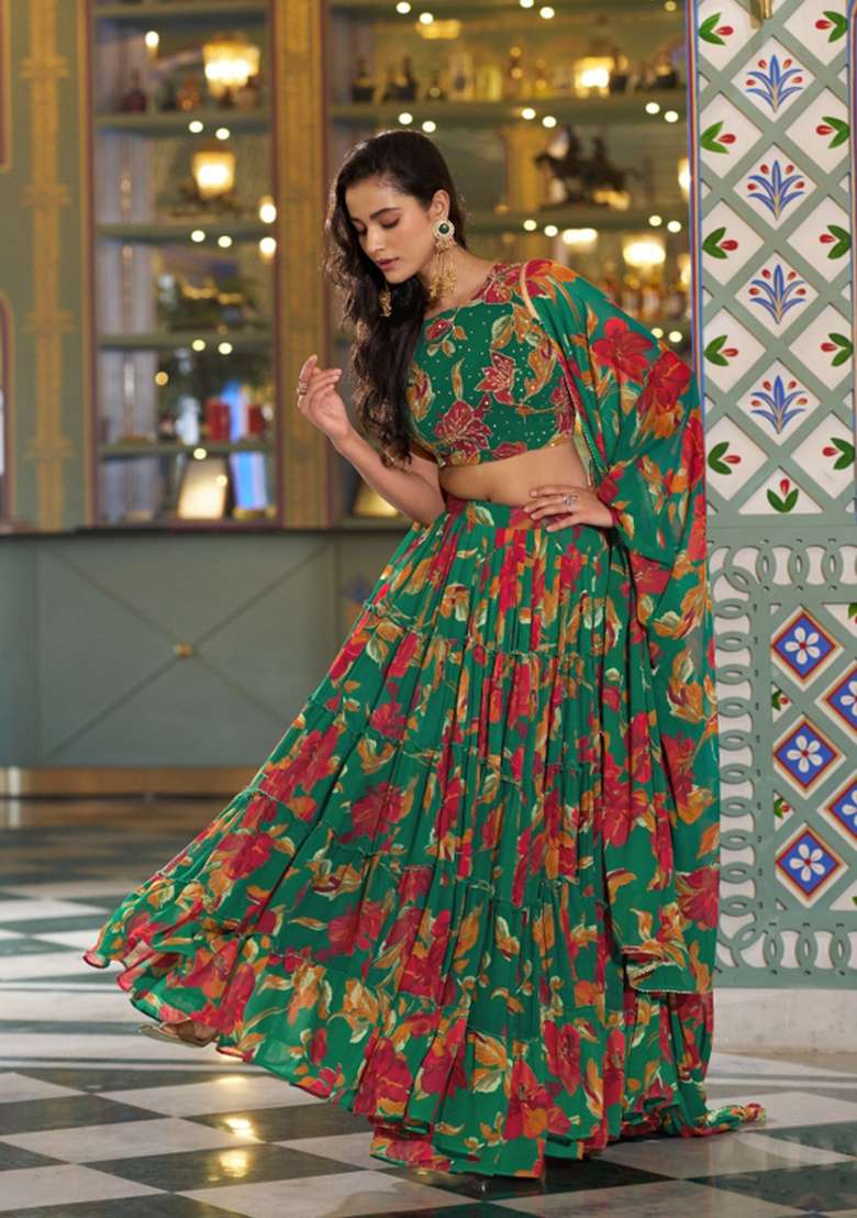 Green Marble Lehenga Set with Floral Print for Diwali | Wedding & Festive Wear - Indya