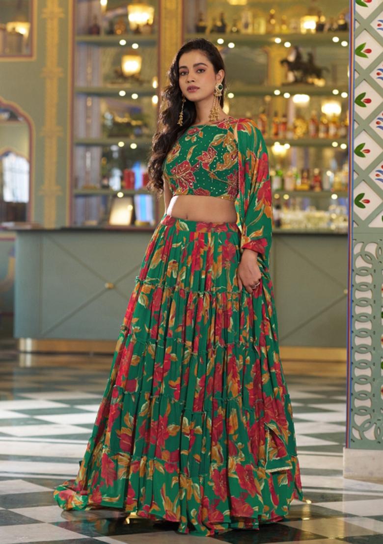 Green Floral Print Marble Lehenga Set - Indya