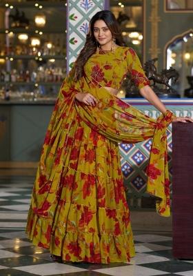 Yellow Floral Print Marble Lehenga Set