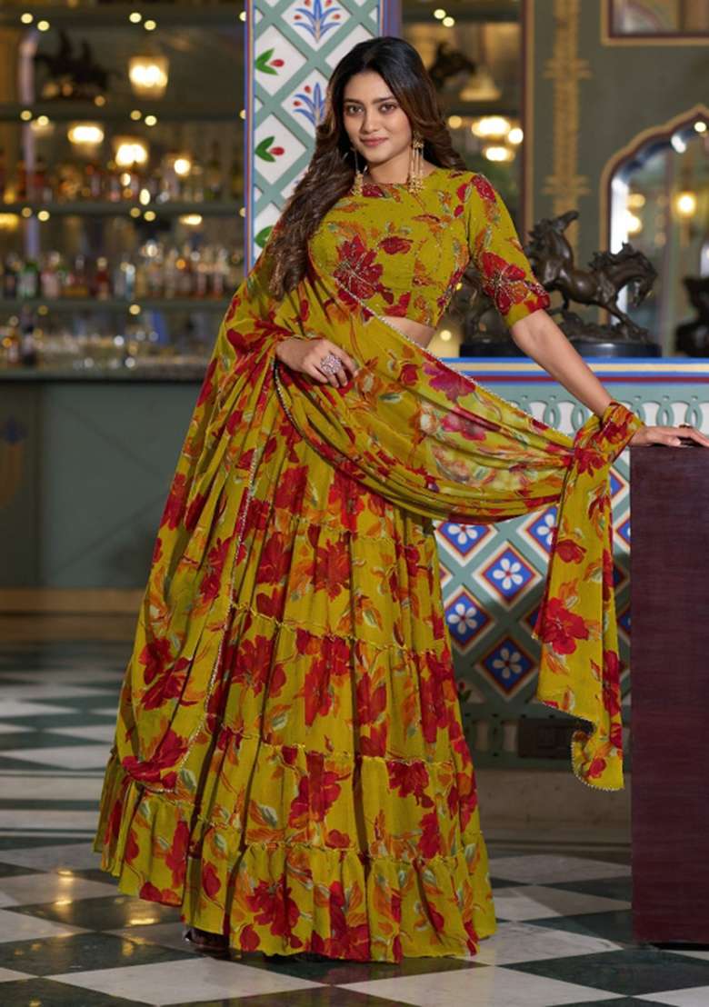 Yellow Marble Lehenga Set with Floral Print for Diwali | Wedding & Festive Wear - Indya