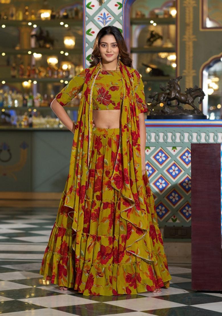Yellow Floral Print Marble Lehenga Set - Indya
