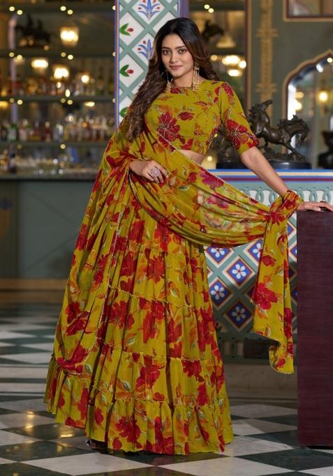 Yellow Floral Print Marble Lehenga Set