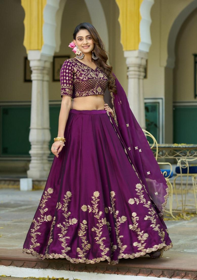 Purple Sequin Work Silk Blend Lehenga Set - Indya