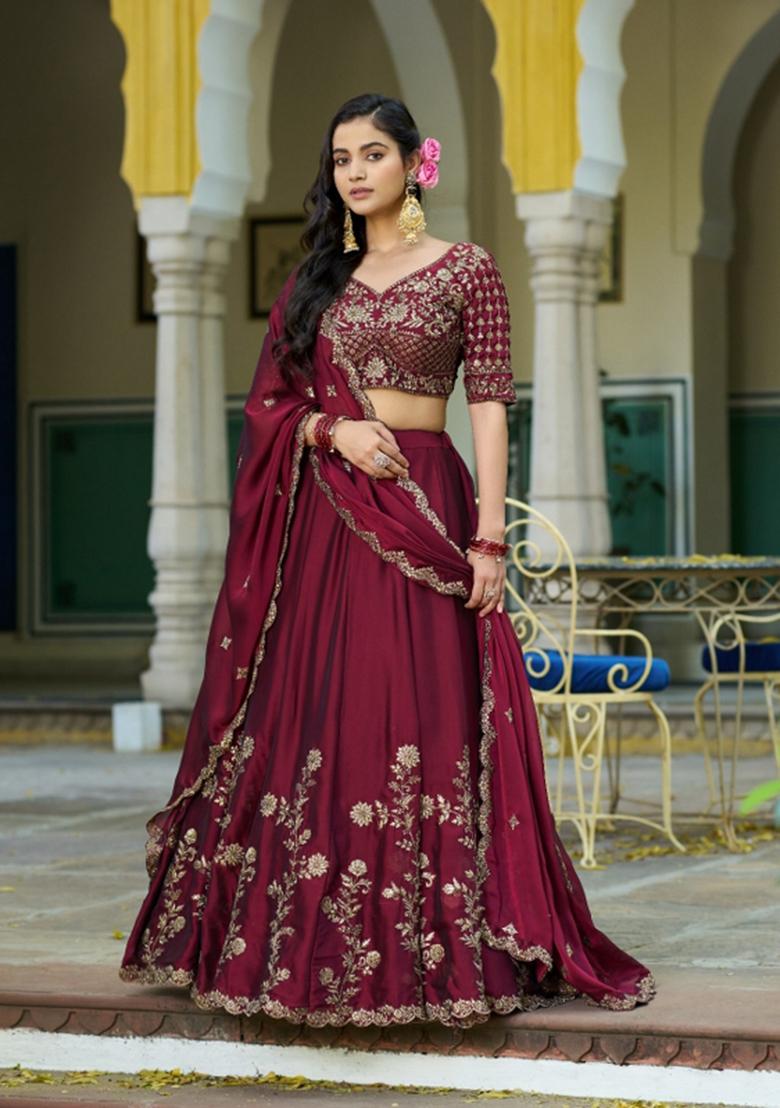 Maroon Sequin Work Silk Blend Lehenga Set - Indya