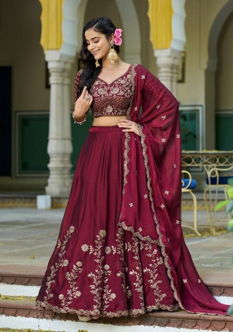 Maroon Sequin Work Silk Blend Lehenga Set