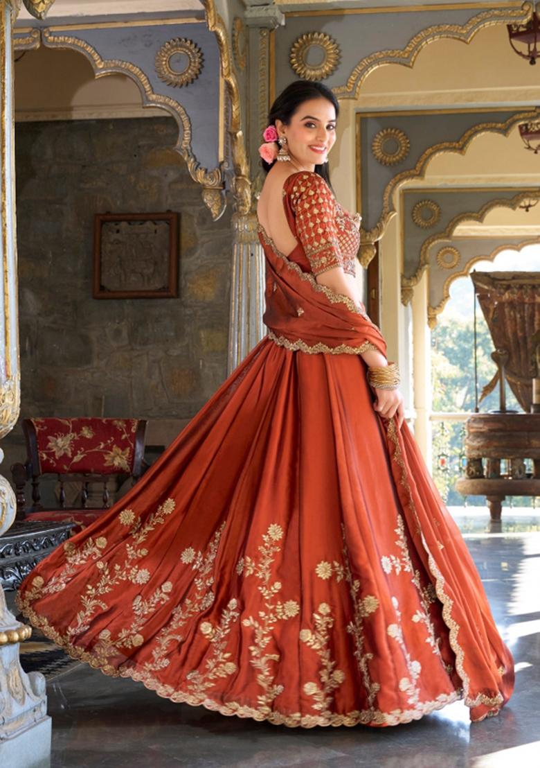 Orange Sequin Work Silk Blend Lehenga Set - Indya