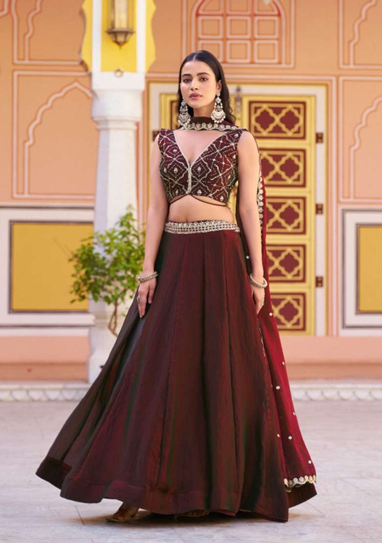 Maroon Work Fendi Lehenga Set with Sequin for Diwali | Wedding & Festive Wear - Indya
