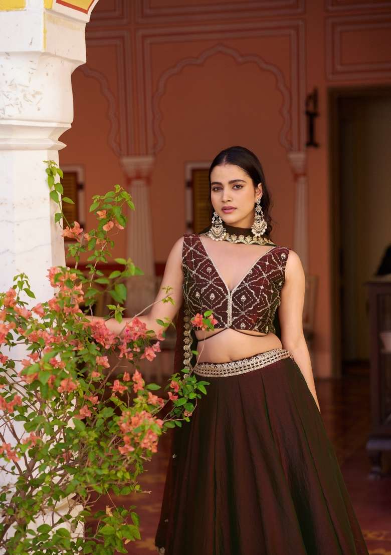 Maroon Work Fendi Lehenga Set with Sequin for Diwali | Wedding & Festive Wear - Indya