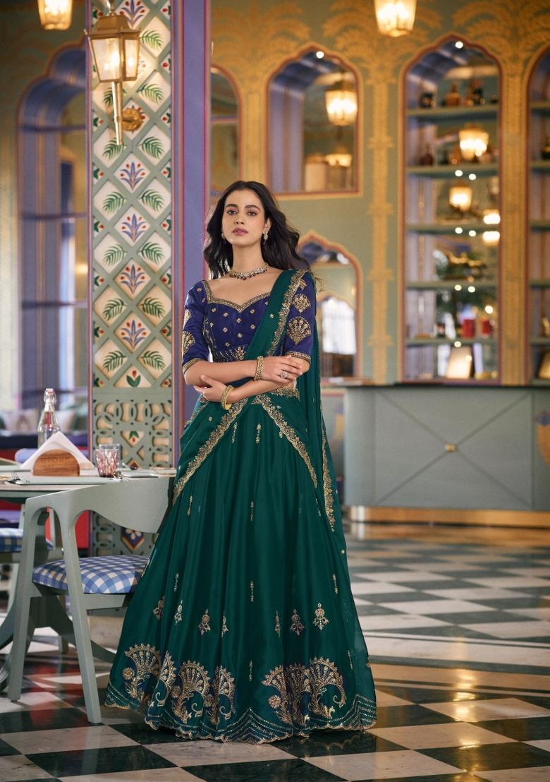 Green Sequin Work Silk Blend Lehenga Set - Indya
