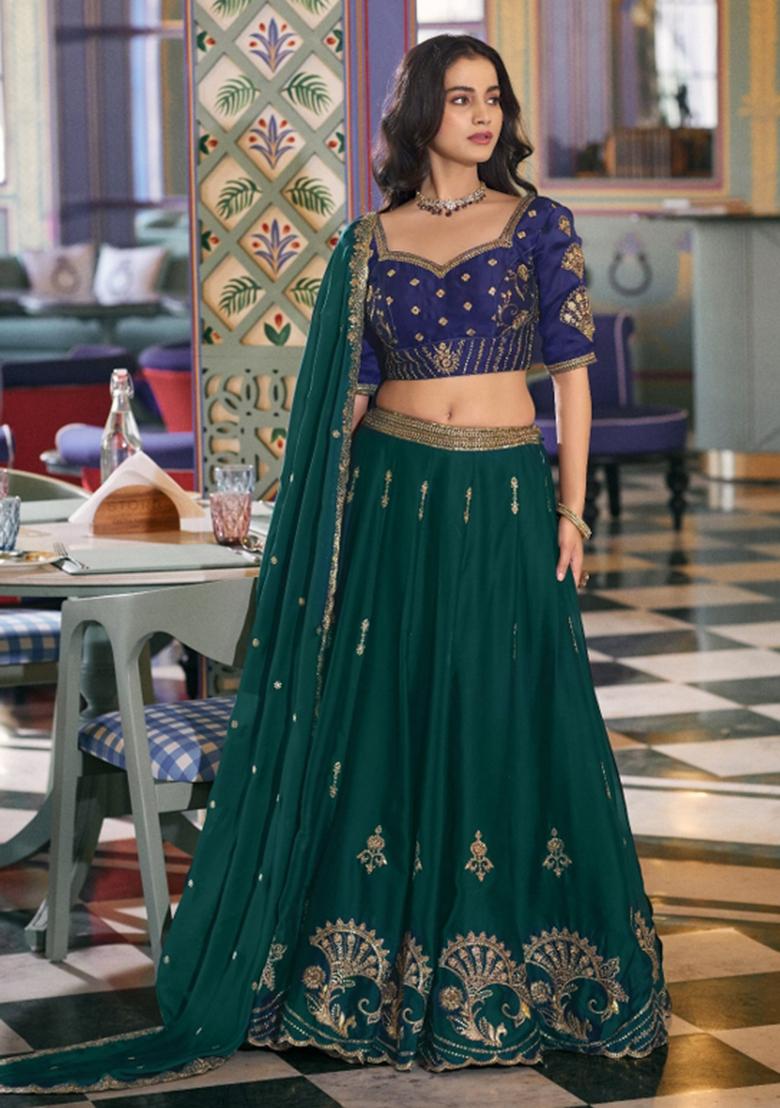 Green Sequin Work Silk Blend Lehenga Set - Indya