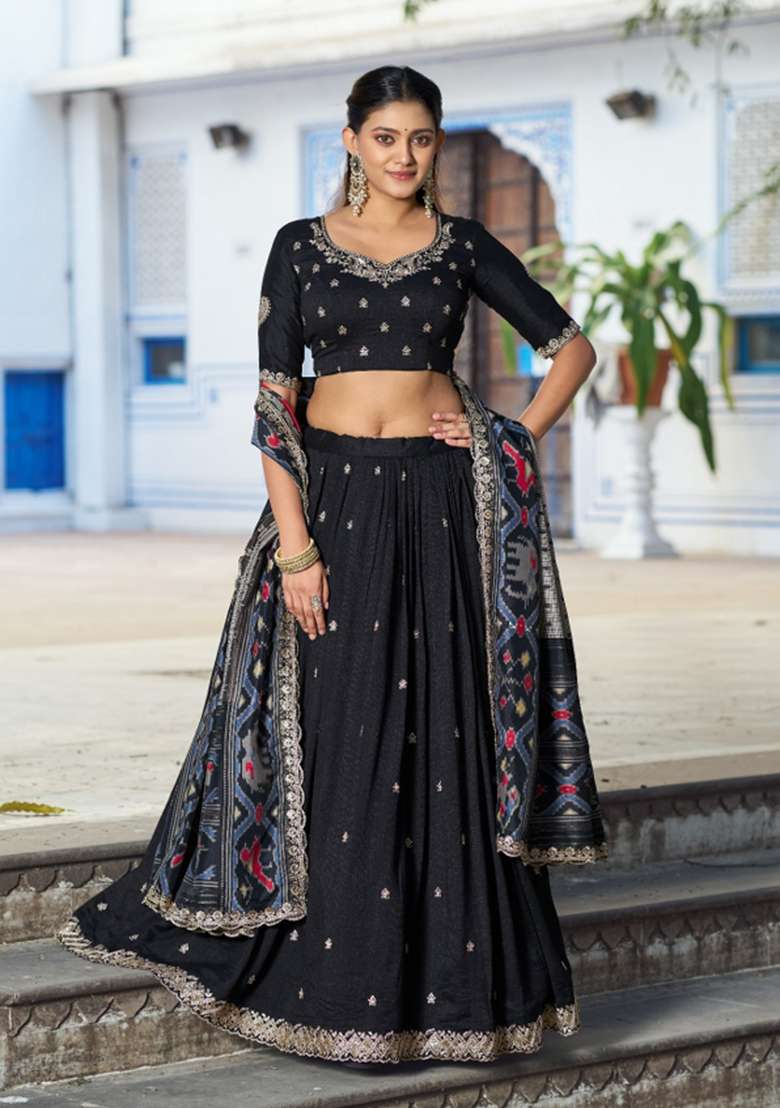 Black Sequin Work Silk Blend Lehenga Set for Diwali and Festive Wear - Indya