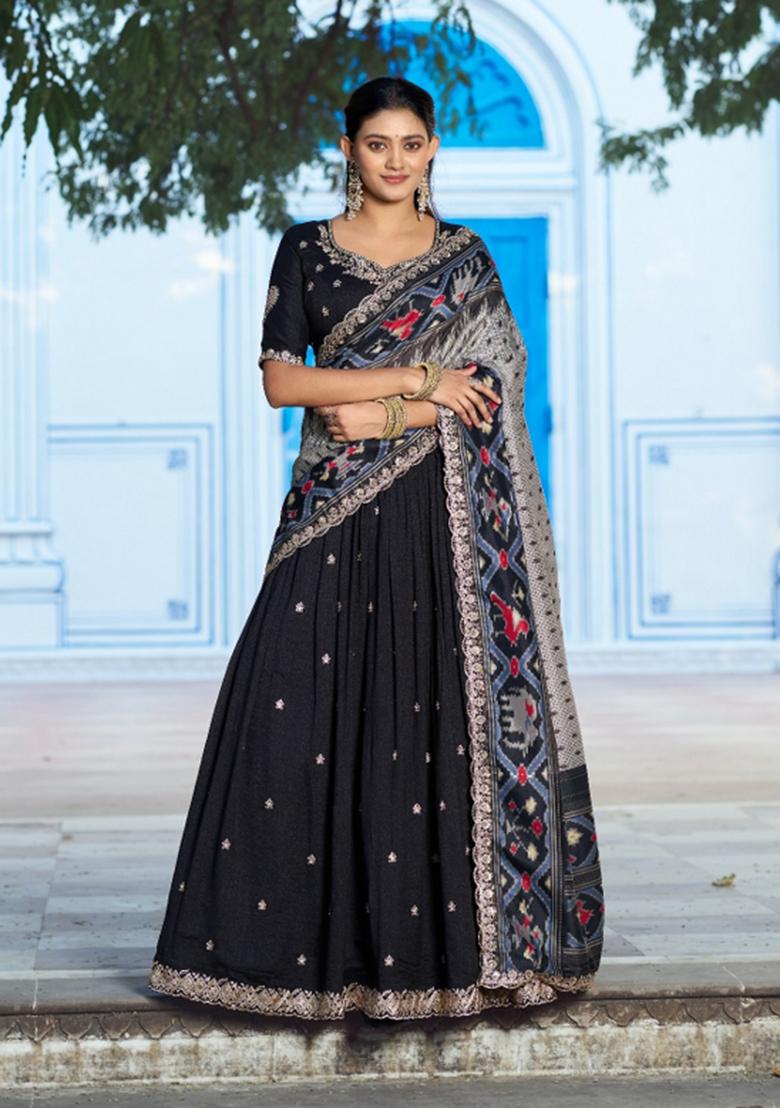 Black Sequin Work Silk Blend Lehenga Set - Indya
