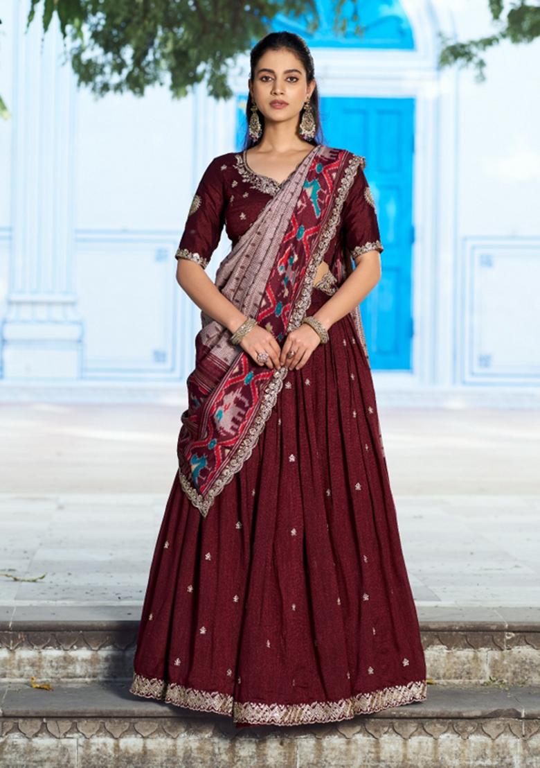 Maroon Sequin Work Silk Blend Lehenga Set - Indya